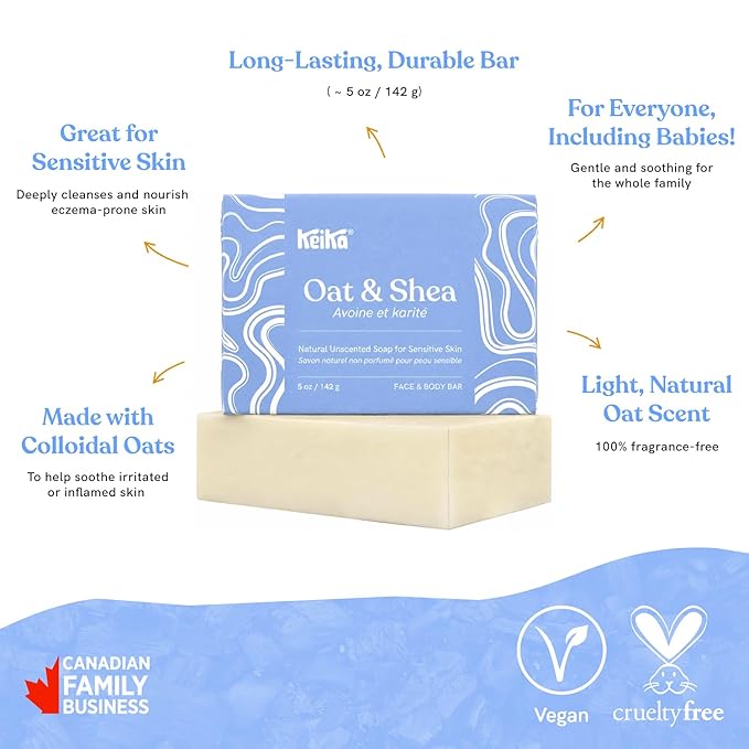 Keika Baby Soap Bar Oat & Shea Unscented for Eczema, Psoriasis, Face, Body, Infant Kids Teens Men Women with Sensitive Skin, 5 oz.