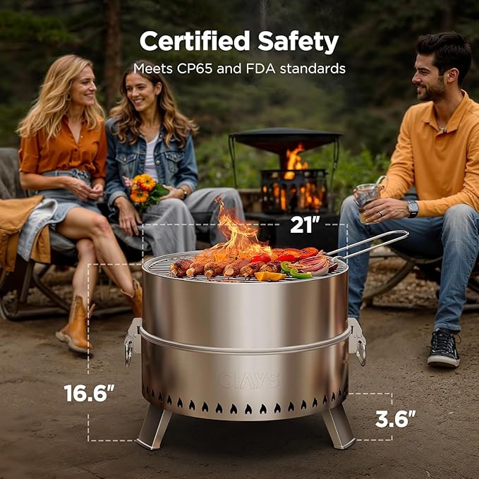 Ciays Smokeless Fire Pit 21 Inch, Portable Wood Burning Firepit for Camping & Backyard, Outdoor Fire Pit with Patented Technology, Steel Grill Rack, Fire Poker & Carry Bag, Easy Setup