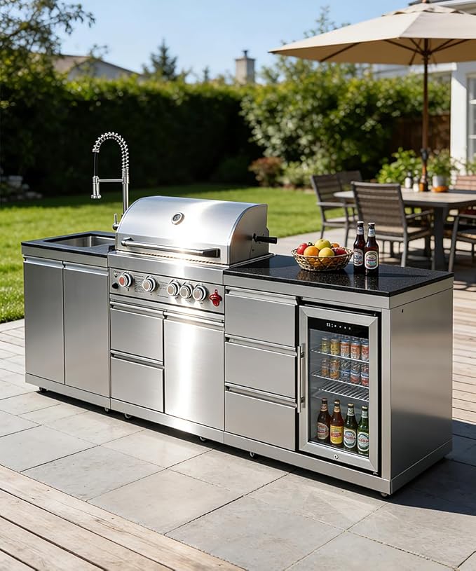 BBQ Outdoor Kitchen Island Grill Barbecue Modular Patio Kitchens Kits with Electric Rotisserie, Sink, fridge, and Burner for More than 10 People