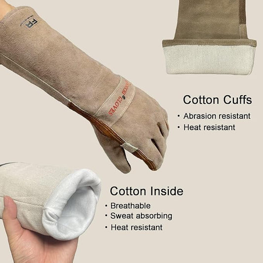 Leather Welding Gloves for Men,Long Sleeve Fireproof and Heat Resistant Mitts for Firefighting,Fireplace,Oven,Baking,BBQ,Stove,Pot Holder,Yard Work Thorn Proof (Brown Medium)