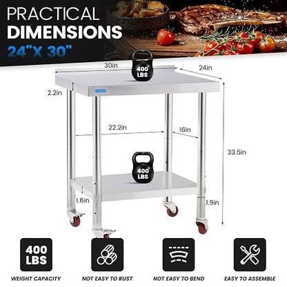 KUARBARR Stainless Steel Table for Prep & Work with 4 Caster Wheels with Backsplash 24 x 30 NSF Metal Commercial Kitchen Adjustable Under Shelf Worktable for Restaurant Home Outdoor