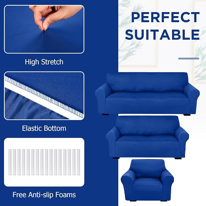 Peryiter 3 Pcs Couch and Loveseat Sofa Covers,Blue,Milk Silk | Armchair Covers for Living Room, Sofa Cushion Slipcover, Furniture Protector, Polyester and Spandex, Washable