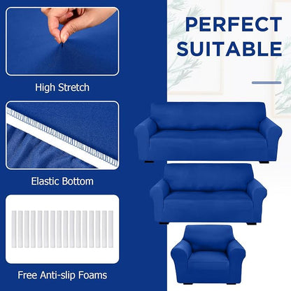 Peryiter 3 Pcs Couch and Loveseat Sofa Covers,Blue,Milk Silk | Armchair Covers for Living Room, Sofa Cushion Slipcover, Furniture Protector, Polyester and Spandex, Washable
