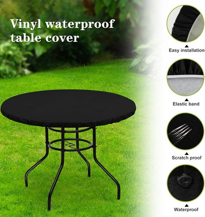 LUSHVIDA Round Waterproof Table Cover Elastic Vinyl Fitted Tablecloth Elastic Edged Plastic Table Cloth (Black, 4PCS Best for Up to 45"-56" Round)