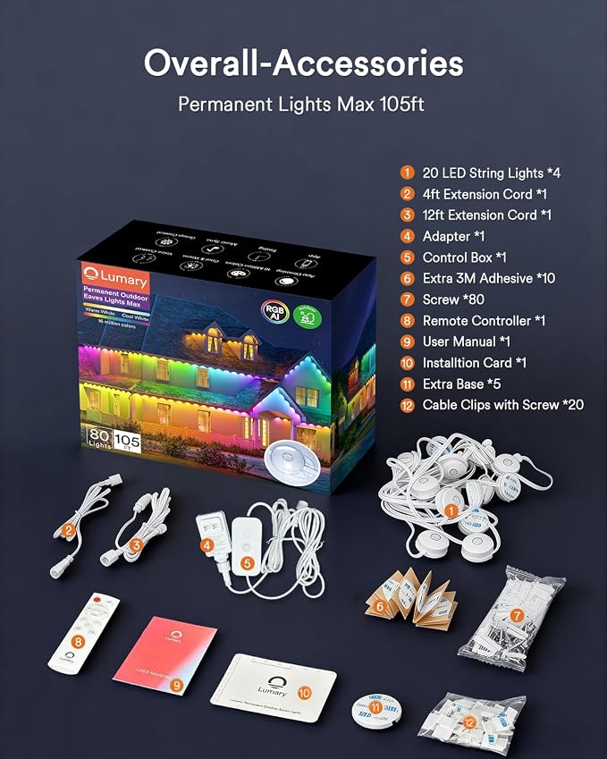 Lumary Permanent Outdoor Lights Max, 105FT with 80 LED Eave Lights 4800LM | RGBAICW Smart Outdoor Lighting IP67 Waterproof, Scene Modes for Daily and Accent Lighting, Works with Alexa/Google Assistant