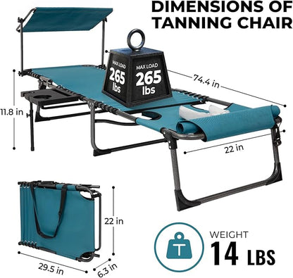 FUNDANGO 4 in 1 Tanning Chair with Face Hole, Beach Lounge Chair with Canopy Shade & Side Table Chaise Lounge Chairs for Patio, Pool, Lawn, Sunbathing, 5-Position Adjustable Sun Lounger, Cyan