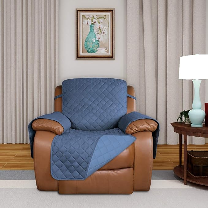 PureFit Reversible Recliner Chair Covers Couch Covers for Dogs, 28 in | Dark Blue/Light Blue, Water Resistant Couch Protector, Washable Pet Couch Cover with Non Slip and Elastic Straps For Kids