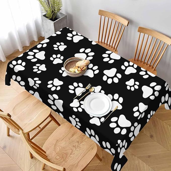 TKS MITLAN Dog Paw Tablecloth 60x84 Inch Rectangular Black White Cat Footprint Dog Paw Prints Oblong Table Cloth Kitchen Table Decorations for Home Dinner Party