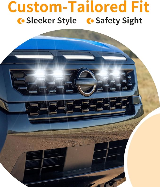 Front Grill Lights for Nissan Frontier 2025-2027 S/SL/SV/Sport Only, White | Direct-Snap Installation; OEM-Style Fit; IP68 Waterproof LED; No-Drill Setup; Raptor-Style Front-End Upgrade; Off-Road Ready