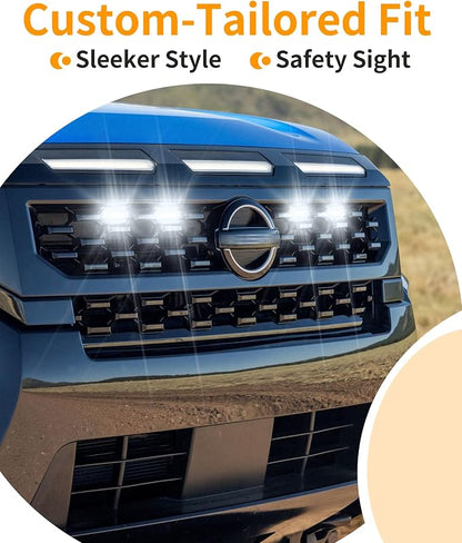 Front Grill Lights for Nissan Frontier 2025-2027 S/SL/SV/Sport Only, White | Direct-Snap Installation; OEM-Style Fit; IP68 Waterproof LED; No-Drill Setup; Raptor-Style Front-End Upgrade; Off-Road Ready