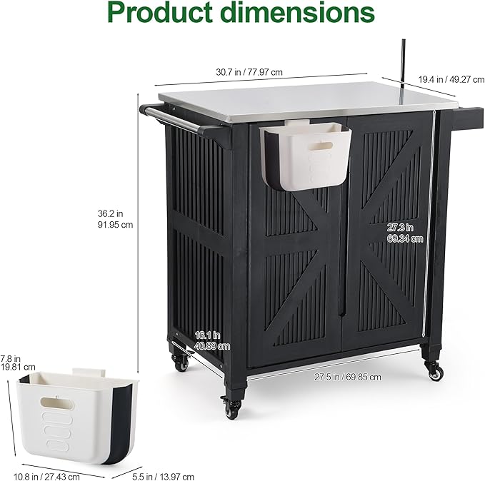 Nice C Grill Cart with Wheel, Outdoor Kitchen Island, Outdoor Grill Station Bar Cart with Stainless Steel Tabletop, Dining Cart Table Storage Cabinet, Grill Table for BBQ Food Prep