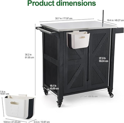 Nice C Grill Cart with Wheel, Outdoor Kitchen Island, Outdoor Grill Station Bar Cart with Stainless Steel Tabletop, Dining Cart Table Storage Cabinet, Grill Table for BBQ Food Prep