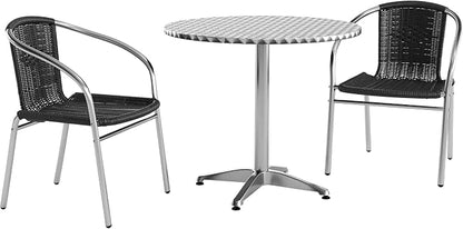 Flash Furniture Lila 31.5'' Round Aluminum Indoor-Outdoor Table Set with 2 Black Rattan Chairs | Indoor/Outdoor Use, Black Rattan Chairs