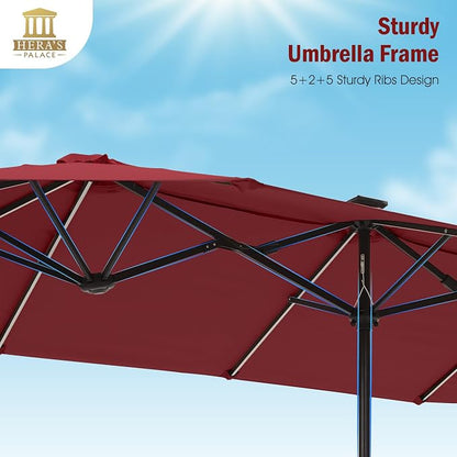 HERA'S PALACE 13 ft Patio Umbrella with 120 LED Solar Lights Double Sided Outdoor Umbrella for Patio 8 Colors Changing Table Umbrella for Garden Pool, Orange Red