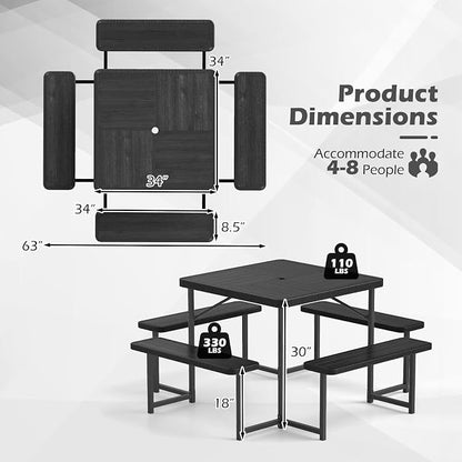 4-8 Person Picnic Table Set, Umbrella Hole, Heavy-Duty Metal Frame & 4 Benches, HDPE Square Outdoor Dinning Table & Benches for Outside, Patio, Garden, Backyard, Porch (Black)