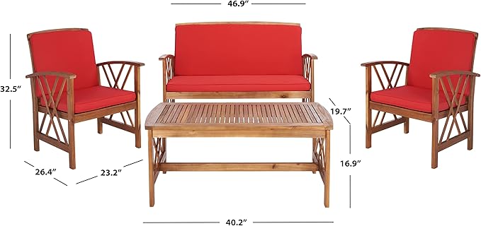 SAFAVIEH Outdoor - Fontana 4-Piece Conversation Set - Brown & Red - Solid Wood - Double-X Motif with Cushions - Ideal for Patio, Deck, Porch, Backyard (PAT7008R)