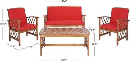 SAFAVIEH Outdoor - Fontana 4-Piece Conversation Set - Brown & Red - Solid Wood - Double-X Motif with Cushions - Ideal for Patio, Deck, Porch, Backyard (PAT7008R)