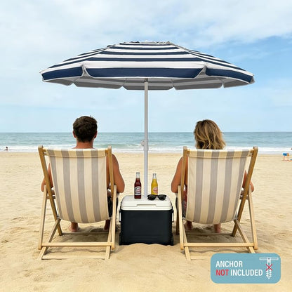 AMMSUN 6.5ft Portable Patio Beach Umbrella for Sand with Tilt, Air Vent | UPF50+ Sun Protection, Windproof Outdoor Umbrellas with Carry Bag, for Patio Beach Garden Pool Backyard, Navy Stripes