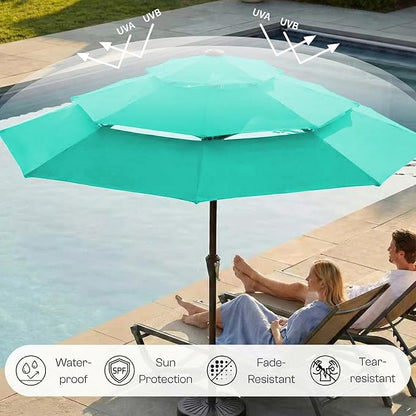 10FT Patio Umbrella 3 Tiers with LED Light Outdoor Market Umbrella w/Push Button Tilt, Crank, UV and Waterproof Table Umbrella for Garden, Pool, Backyard, Deck, Lawn, Turquoise Blue