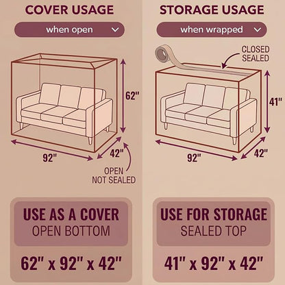 Wowfit 4mil Couch Cover for Moving, Clear Sofa Storage Bag, 92Wx42Dx62/41H | With Tape Strips & Labels, Heavy Duty, Tear-Resistant, Waterproof, Reusable, Oversized/3-Seat Sofa, Long-Term Garage Storage
