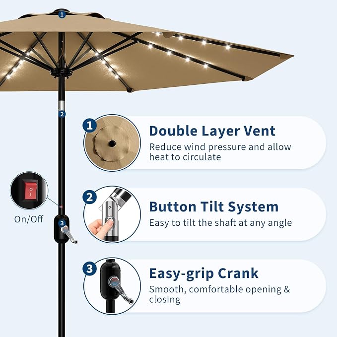 Garvee patio Umbrella with Solar Lights, Outdoor Table Umbrella with 8 Durable Ribs, Tilt & Crank Mechanism, Waterproof & UV Protection for Garden, Backyard, Poolside,