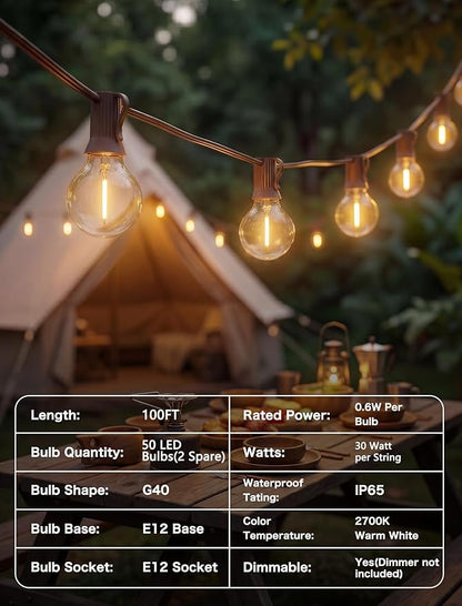 SUNSGNE 100FT Brown Outdoor String Lights, Shatterproof LED Globe String Lights with 50 G40 LED Bulbs, Waterproof Connectable Hanging Light for Backyard Patio Porch Balcony Party Decor, E12 Base