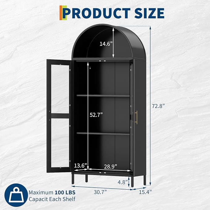 PioneerWorks 73" Arched Metal Storage Cabinet with Glass Door | 2 Adjustable Shelves | Arch-Top Storage Unit for Pantry, Living & Dining Rooms - Dark Black with Legs