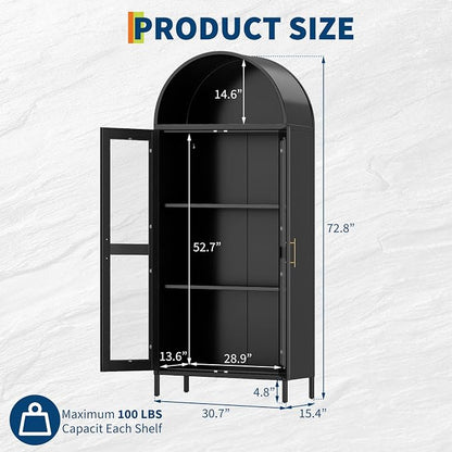 PioneerWorks 73" Arched Metal Storage Cabinet with Glass Door | 2 Adjustable Shelves | Arch-Top Storage Unit for Pantry, Living & Dining Rooms - Dark Black with Legs