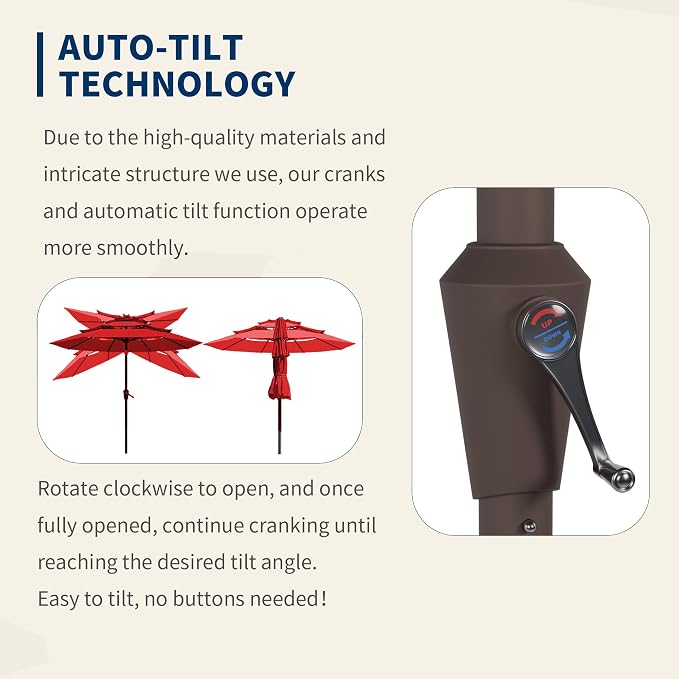 9FT 3 Tiers Patio Umbrella With Auto Tilt And Crank, Outdoor Table Market Umbrella with 8 Sturdy Ribs for Garden, Lawn, Deck, Backyard and Pool