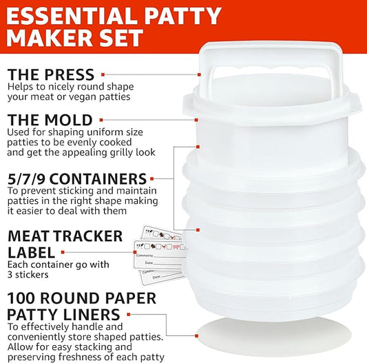 Hamburger Press Patty Maker - 4 in1, Burger Mold, Patty Press, 5 Storage Containers, 100 Round Papers - Hamburger Patty Maker Tool for BBQ - Burger Shaper for Meat, Veggie Patties