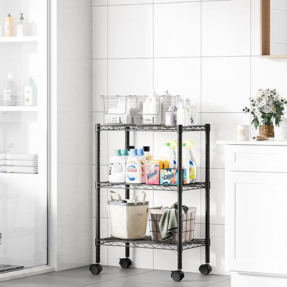 DUMOS 3-Tier Metal Wire Storage Shelves, Adjustable Standing Storage Rack Shelf with Wheels, Heavy Duty Steel Shelving Unit Organizers for Kitchen Bathroom Pantry Garage, 23.1" Wx13.4 Dx30.2 H, Black