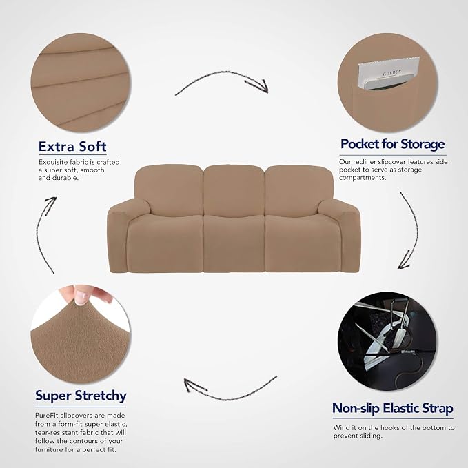 PureFit Super Stretch 3 Seats Recliner Sofa Couch Cover with Pocket | Non Slip Soft Sofa Slipcover, Washable Spandex Reclining Furniture Protector for Kids, Pets (Recliner Sofa, Camel)