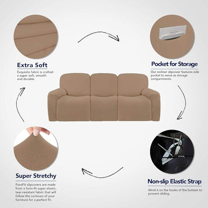 PureFit Super Stretch 3 Seats Recliner Sofa Couch Cover with Pocket | Non Slip Soft Sofa Slipcover, Washable Spandex Reclining Furniture Protector for Kids, Pets (Recliner Sofa, Camel)