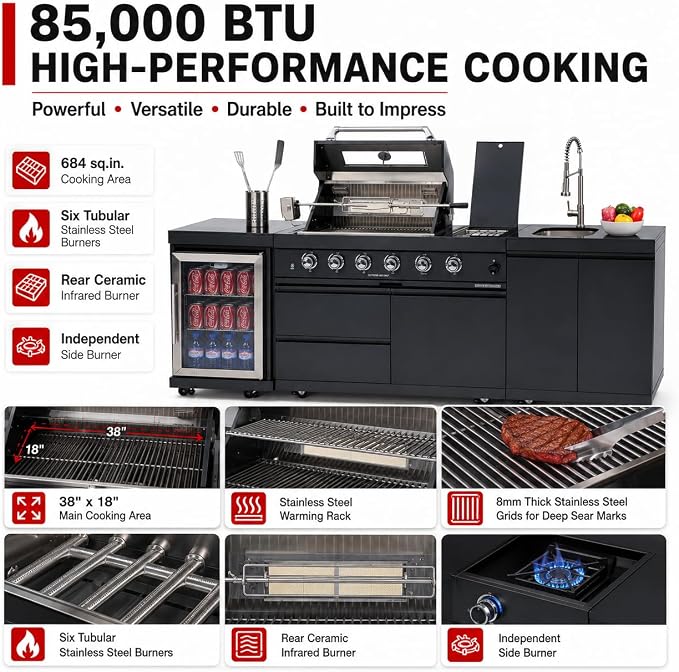 98-Inch Outdoor Kitchen Grill Island, 6-Burner 72,000 BTU Propane Gas BBQ Grill with Refrigerator, Rotisserie Kit, Stainless Steel Countertops, Storage Cabinets & Drawers, Black