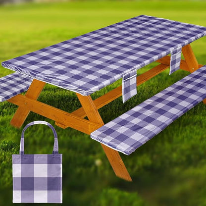 Wrakus Picnic Table Cover with Bench Covers Vinyl Elastic Edges Fitted Rectangle Seat Tables Waterproof 3-Piece96X30in Set Outdoor Rectangular Folding Backing Tablecloth for Camping Over Size