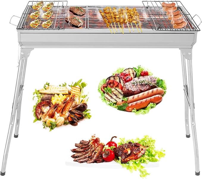 Folding Kabob Grill Stainless Steel, Foldable Barbecue Charcoal Grill, Kebab Grill for Camping Picnic Backyard Grilling Tailgating (28 x 13 x 27.5 inch)