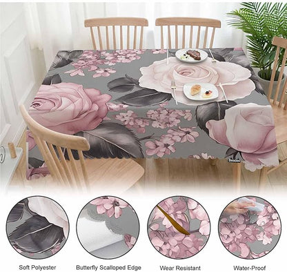 Rose Tablecloth for Rectangle Tables - Gray Pink Roses Cover for Indoor and Outdoor Picnic, Camping, Dinner, Kitchen - 52"X70"