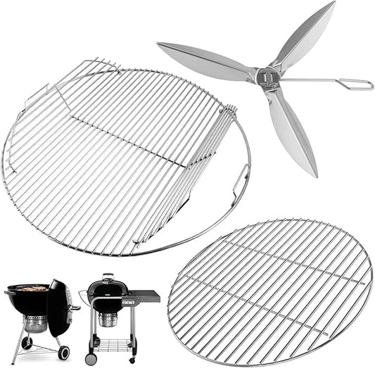 7436 Cooking Grate Hinged & 7441 Charcoal Grate for Weber 22" 22.5" Kettle Charcoal Grill,Replacement Grates for Weber One-Touch/Master-Touch/Performer Series, with 7444 One-Touch Cleaning System Kit