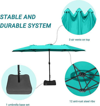 15ft Patio Umbrella with Base, 10-Year-No-Fade Large Outdoor Double-Sided Market Umbrella with UPF50+Terylene Polyester Fabric and Crank for Poolside Garden Deck Backyard Beach Pools