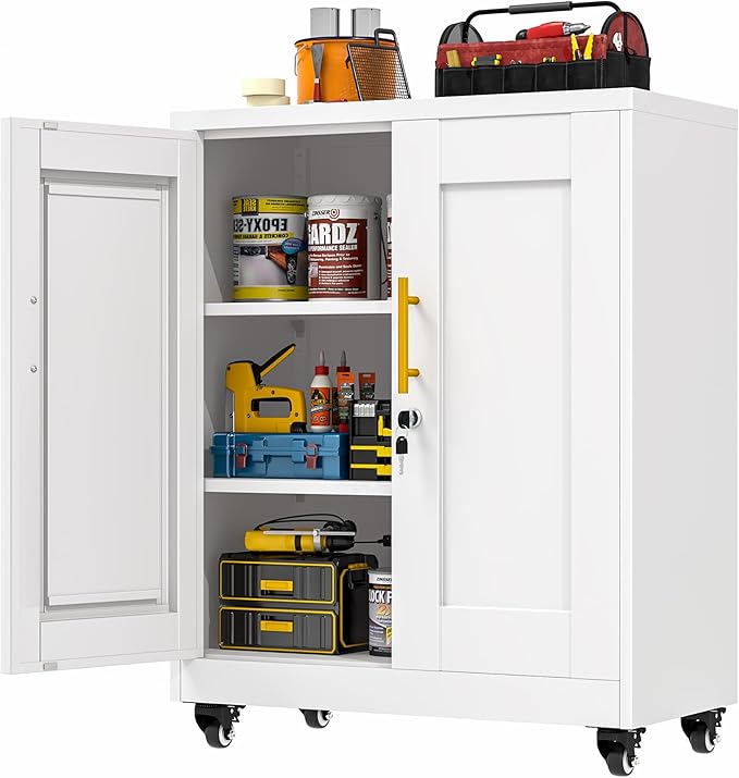 GAIOUS Metal Storage Cabinet with Lock and Wheels, Steel Tool Cabinet with 2 Door and 2 Adjustable Shelves, 35” Tall Lockable File Cabinet, Garage Cabinet, Rolling Cabinet for Home Office - White