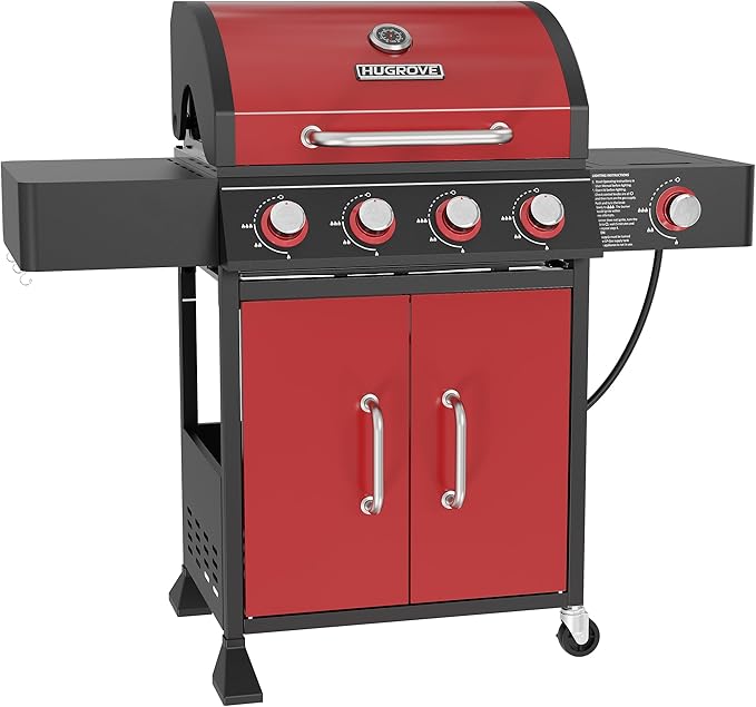HUGROVE 4 Burner Propane Gas Grill with Side Burner, 601 Sq. In. Cooking Area with Warming Rack 56,000 BTU BBQ Grill with Porcelain-Enameled Cast Iron Grates for Outdoor Cooking