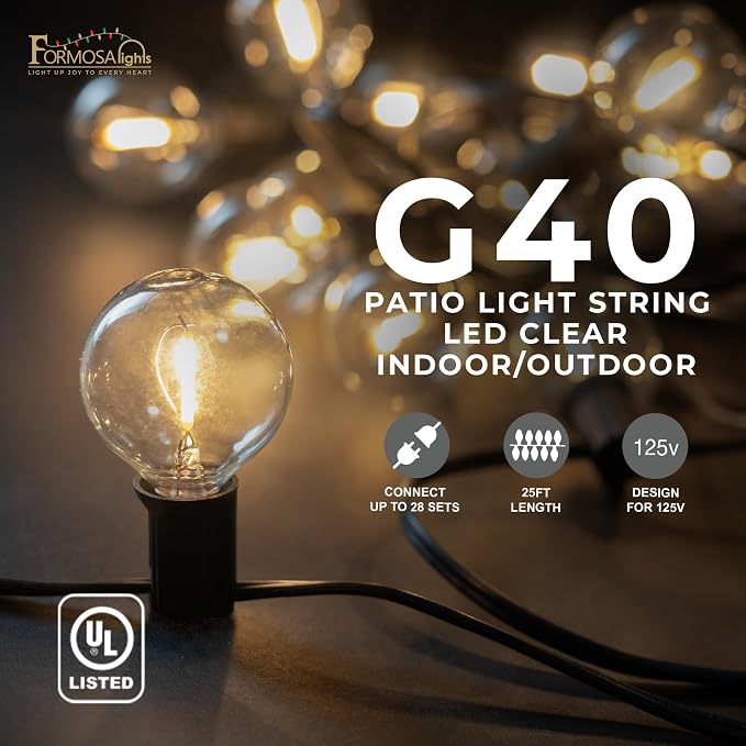Formosa 26ft Indoor/Outdoor Clear LED Christmas String, Patio Light with 25 Retro Round Waterproof Edison Bulbs,G40 Shatterproof Globe Bulbs, Outside Hanging Lights for Gazebo Garden Backyard Decor