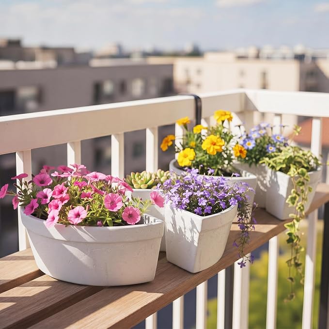 1 Set Patio Umbrella Planter Rustic 2 Pcs Half Round Planter 12" Cement Planters Half Circle Flower Pot for Patio Table Garden Home Plant Outdoor(White,Country Style)