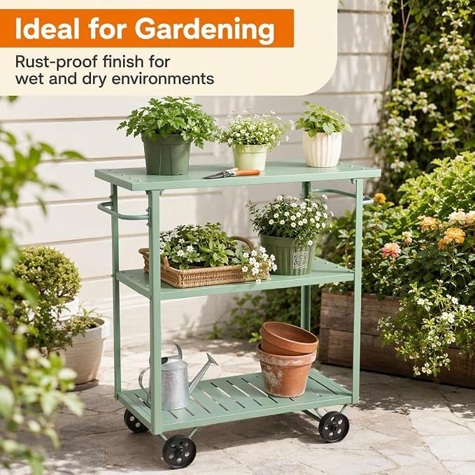 3-Tier Metal Rolling Cart with Wheels, 39.37x15.74x41 in, Pea Green | Indoor & Outdoor Use, Convenient Handles, Waterproof & Rustproof, Stronger Load Bearing, Kitchen & Garden Use