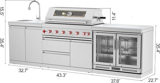SERA C 6-Burner Propane 3-Piece Outdoor Kitchen with Sink Fridge | 87900BTU + infrared back burner, 115L double fridge, dual sink with pull-out faucet, 304 stainless steel, locking casters