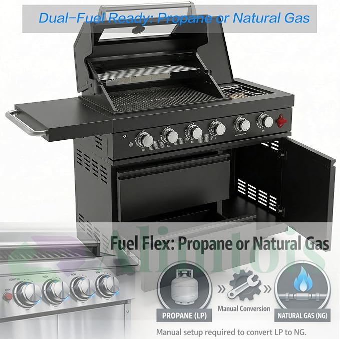 46" Outdoor BBQ Island Grill (No Sink/Fridge), 75,300 BTU 4 Burners + Side Burner, Infrared Rear Burner, LP/NG Convertible, Granite Top, Rotisserie, Stainless Steel Outdoor Kitchen Island