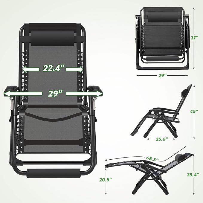ZENPETIO 29In XL Zero Gravity Chair, 440LBS with Cushion | Anti Gravity Recliner Lounge Chair with Aluminum Alloy Lock & Footrest, 90-170° Adjustable, for Lawn Patio Indoor Outdoor