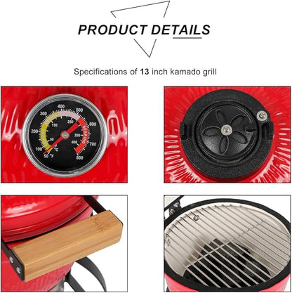13in Round Ceramic Grill,Charcoal Grill BBQ Grill,Portable Barbecue Grill with Thermometer and Stainless Steel Grate,Orange