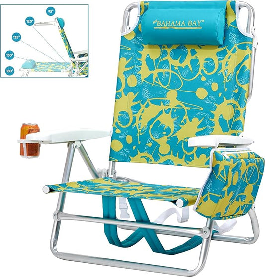 Old Bahama Bay Backpack Beach Chair, Aluminum Lightweight Reclining 5-Position Lounge Chair for Adults Heavy Duty Support 400 LBS Portable Folding with Cooler Bag Camping Chair for Sand Outdoor