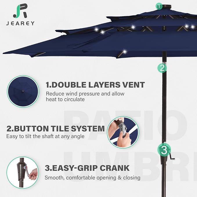 JEAREY 9 ft 3-Tier Outdoor LED Lighted Patio Umbrella w/Crank, Navy | Solar Market Table Umbrella with 8 Sturdy Ribs, UV Protection Waterproof Sunproof for Garden, Deck and Backyard